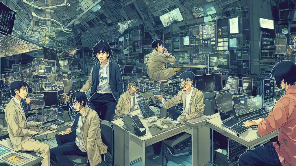 Image similar to highly detailed illustration of a cryptocurrency researcher by makoto shinkai, by moebius, by oliver vernon, by joseph moncada, by damon soule, by manabu ikeda, by kyle hotz, by dan mumford, by otomo, 4 k resolution