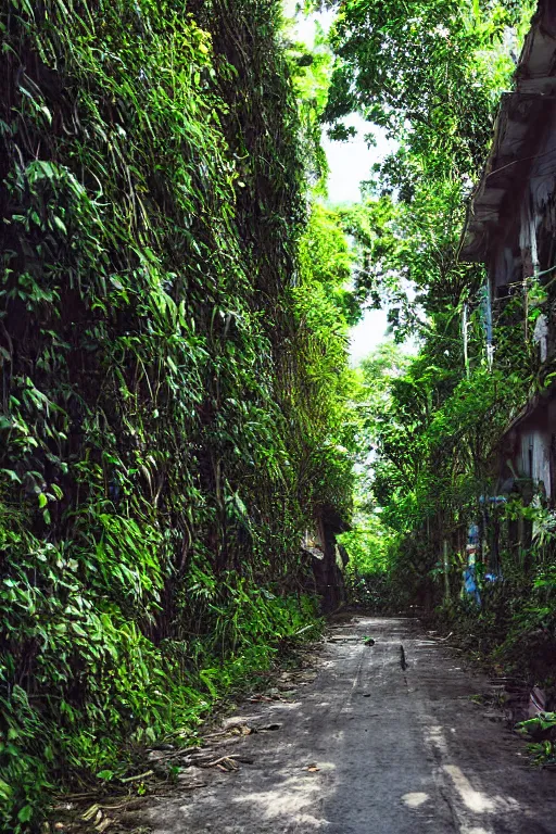 Image similar to abandoned sri lankan city street alley, overgrown greenery, photograph