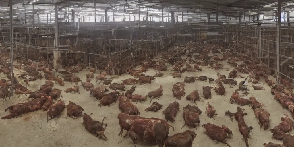 Prompt: inside a human slaughterhouse where the workers are farm animals, hyper detailed, photorealistic