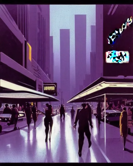 Prompt: futuristic los angeles street scene, busy, dark, moody, ambient lighting, syd mead