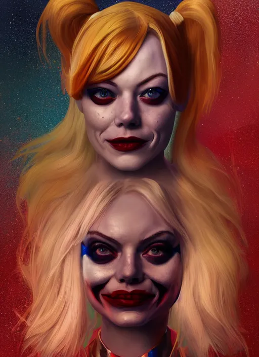 Image similar to cosmic portrait of emma stone as harley quinn, hyper detailed, digital art, trending in artstation, cinematic lighting, studio quality, smooth render, unreal engine 5 rendered, octane rendered, art style by klimt and nixeu and ian sprigger and wlop and krenz cushart.