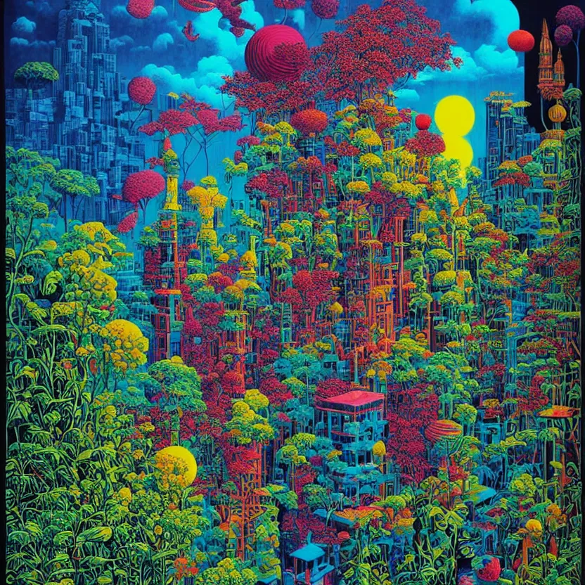 Prompt: surreal glimpse into other universe, mahanakorn tower, summer morning, very coherent and colorful high contrast, art by!!!! rafal olbinski!!!!, geof darrow, floralpunk screen printing woodblock, dark shadows, hard lighting, stipple brush technique,