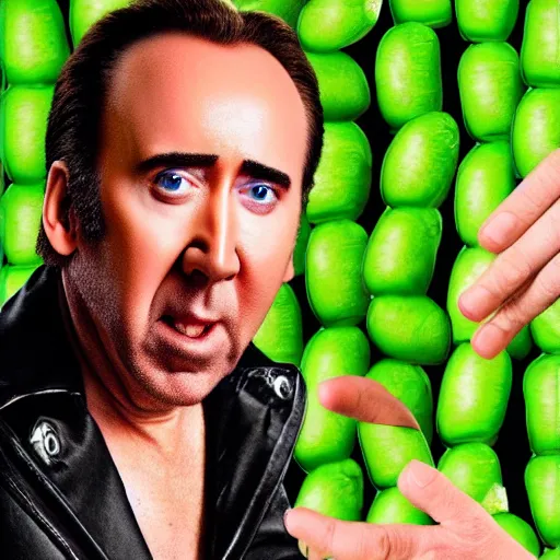 Image similar to nicolas cage trapped in a wicker cage upset with a mouth full of peas