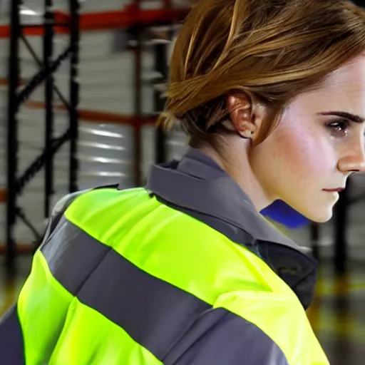 Image similar to photo, close up, emma watson in a hi vis vest, in warehouse, android cameraphone, still from industrial training video, 2 6 mm,