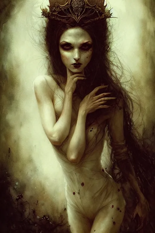 Image similar to miss of the world vampire | esoteric symbolism | jean - baptiste monge, esao andrews, bastien lecouffe - deharme, tim jacobus, ken currie | ultra - detailed realism, soft cinematic lighting, hi - fructose, artstation, high - quality, ink watercolors wes anderson poster art