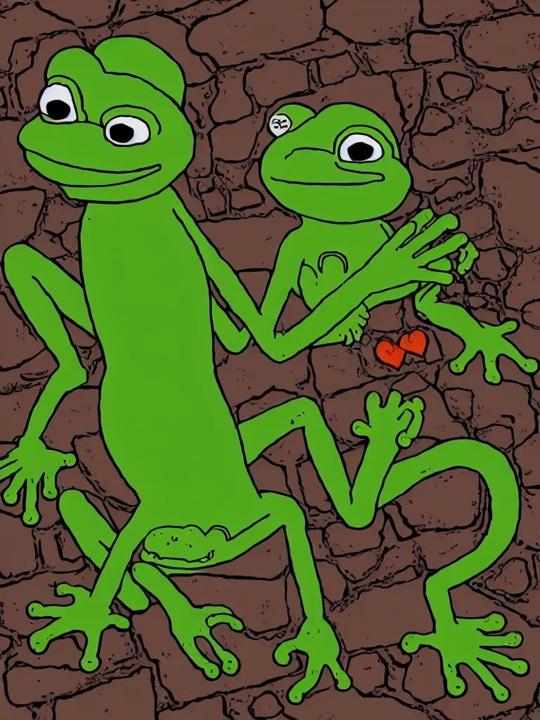 Prompt: resolution hyper realistic cave raider weathered background happiness of pepe love and life read dead redemption 2 pepe the frog primordial pepe dragon worshiped by tiny pepe adventurers the value of love a clear prismatic of love, warm ,pepe the frog , art in the style of Akihito Tsukushi and and Arnold Lobel , claymation