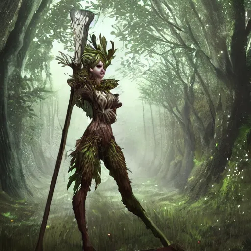 Image similar to a dryad knight made of wood weilding a giant club, dnd in a dark forest, digital art, high quality render, artstation, 8 k, photograph quality, ultrahd, in the style of dungeons and dragons