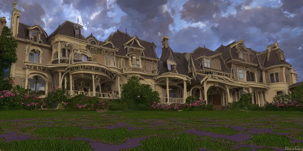 Prompt: art nouveau style mansion, summer clouds, dawn, flowerbeds, vines, god rays, realistic, filmic lighting, volumetric, featured on artstation,