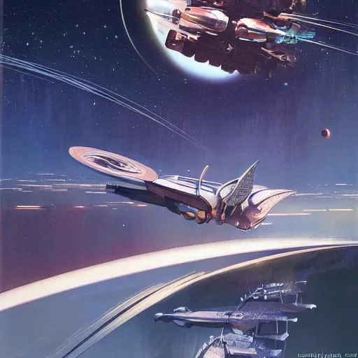 Prompt: gorgeous sci fi imagery | landing spot | space and city flying craft | futuristic | beautiful couple in the foreground heading to their hovering transport | futurism | modern couple | futuristic cityscape in the background | low angle | golden ratio | by john berkey, greg rutkowski, james gurney