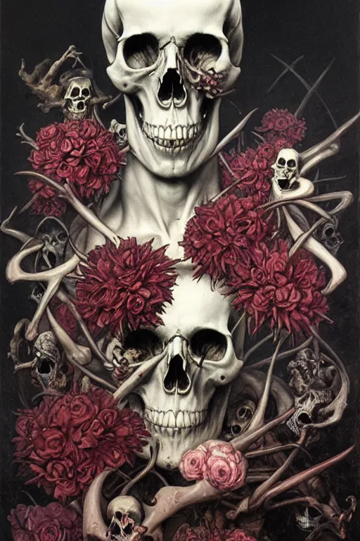 Prompt: portrair of skull candy, flowers and bones in the style of wayne barlowe, gustav moreau, goward, bussiere, roberto ferri, santiago caruso, luis ricardo falero, austin osman spare