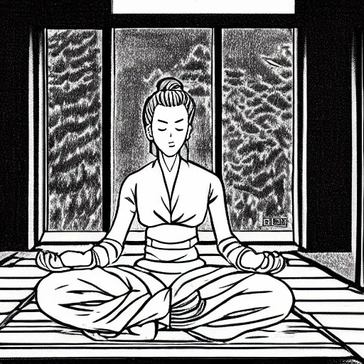 Image similar to of a takashi okazaki style pencil and ink manga drawing of scarlett johansson meditating in the middle of a dojo with dramatic moonlight coming in through the window.