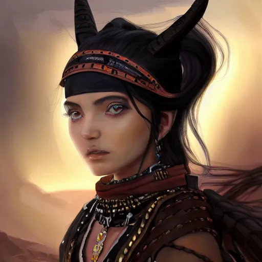 Prompt: portrait of a female berber mage, devil horns and black hair in a ponytail wearing a steel chestplate in a desert, half body, single subject, ambient lighting, highly detailed, digital painting, trending on pixiv fanbox, studio ghibli, extremely high quality artwork, art by ross tran and artgerm and makoto shinkai