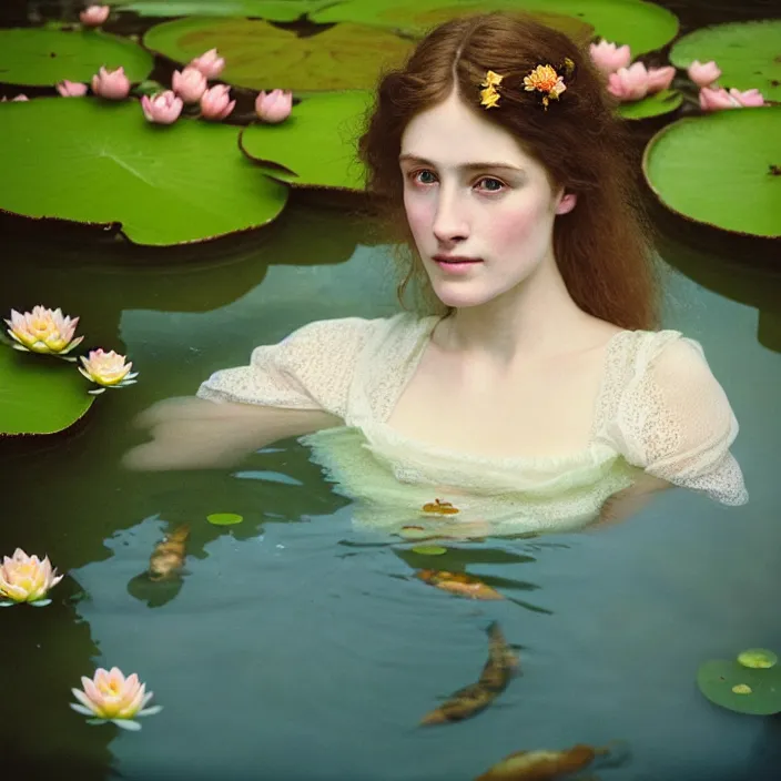 Image similar to Kodak Portra 400, 8K, soft light, volumetric lighting, highly detailed, britt marling style 3/4 ,portrait photo of a beautiful woman how pre-Raphaelites painter, the face emerges from the water of a pond with water lilies, a beautiful lace dress and hair are intricate with highly detailed realistic beautiful flowers , Realistic, Refined, Highly Detailed, natural outdoor soft pastel lighting colors scheme, outdoor fine art photography, Hyper realistic, photo realistic