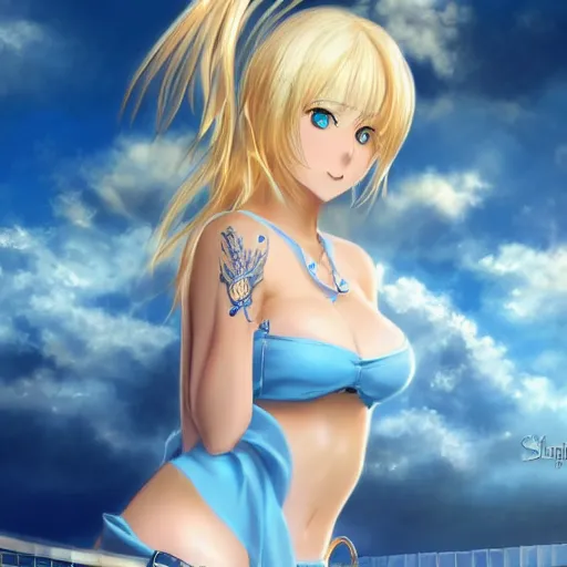 Prompt: full body shot : a very beautiful young blond tennis anime girl in golden chains, sky blue eyes,, tattoo, bikini, miniskirt, highly detailed, cinematic wallpaper by stanley artgerm lau
