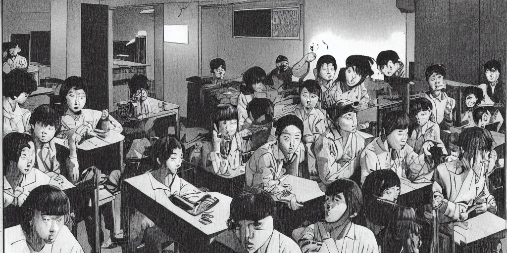 Image similar to a korean school at night by richard corben