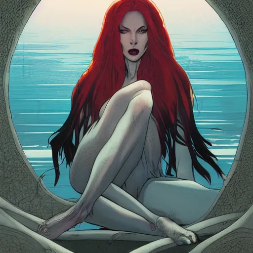 Image similar to a beautiful comic book illustration of a vampire woman with long red hair sitting near a lake by Jerome Opeña, featured on artstation