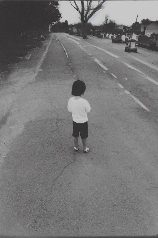 Image similar to photo polaroid of sad and lonely child in the middle of the street, in front of him is a cemetery graves, loneliness, black and white ,photorealistic, 35mm film,