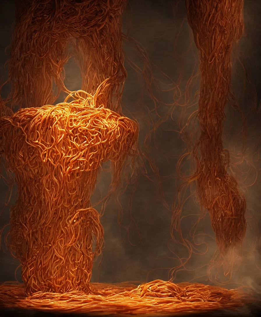 Image similar to spaghetti monster coming out of the pot, cinematic lighting, 8k, artstation