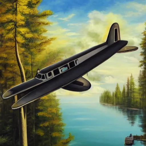 Prompt: a [ 5 0 s bus infused with airplane wings ] flies above a forest and lake, [ oil painting ]!!, trending on cgsociety, 4 k