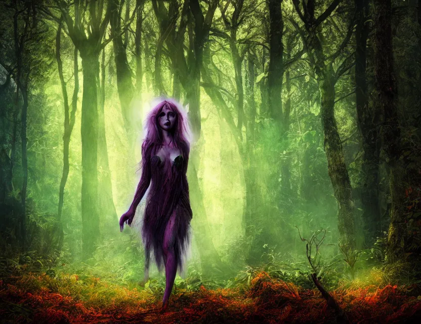 Prompt: faerie werewolf wandering in the woods. safe for work, complementary colors, professional photography, matte painting, luminescent, 3 d render, 4 k, rimlight.