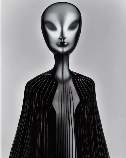 Image similar to mannequin of shadows, wearing a shiny party dress, by Yohji Yamamoto and Man Ray