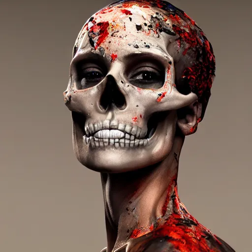 Image similar to full body pose, hyperrealistic mixed media painting of beautiful skull woman, dim volumetric lighting, 8 k, octane beautifully detailed render, extremely hyper detailed, intricate, epic composition, cinematic lighting, masterpiece, trending on artstation, very very detailed, masterpiece, stunning, hdr, smooth, sharp focus, high resolution, award, winning photo, dslr, 5 0 mm