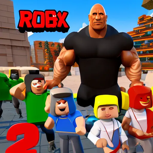 Image similar to screenshot from roblox game dwayne the rock johnson as roblox character