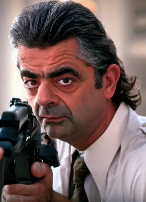 Image similar to film still of Rowan Atkinson as Martin Riggs in Lethal Weapon, 4k