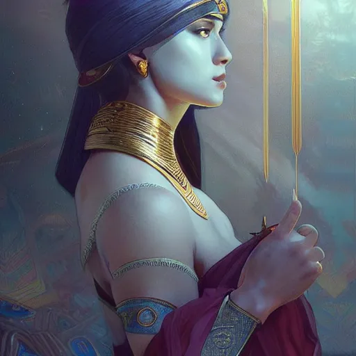 Image similar to egyptian god, gorgeous, amazing, elegant, intricate, highly detailed, digital painting, volumetric lighting, artstation, concept art, sharp focus, illustration, art by artgerm and greg rutkowski and alphonse mucha