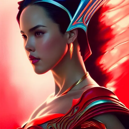 Image similar to catriona gray as darna, volumetric lights, red and cyan theme, art nouveau botanicals, intricate, highly detailed, digital painting, artstation, concept art, smooth, sharp focus, cinematic, illustration, beautiful face, art by artgerm and greg rutkowski and alphonse mucha