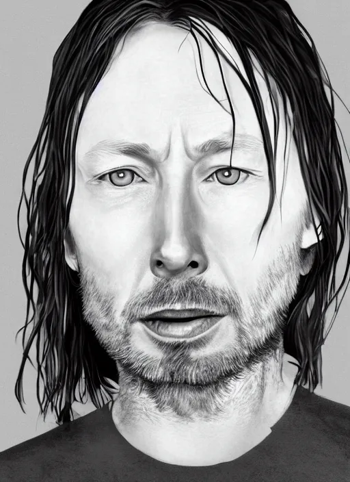 Image similar to A hyper realistic ultra realistic photograph of Thom Yorke with no eyes detailed photorealistic imagery 8k