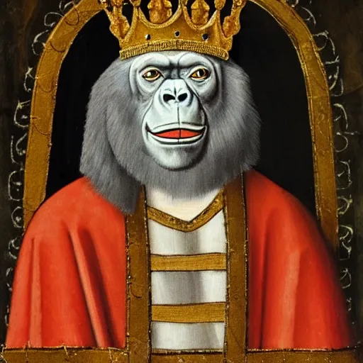 Prompt: medieval royal painting of a regal gorilla wearing a crown, 4 k, high resolution, still, landscape, hd, dslr, hyper realistic