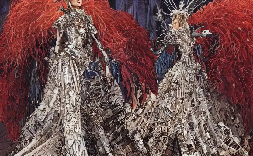 Image similar to fashion model walking down a catwalk, elaborate dress by alexander mcqueen, art by michael whelan and chris moore and howard david johnson and tim white and dan giancola