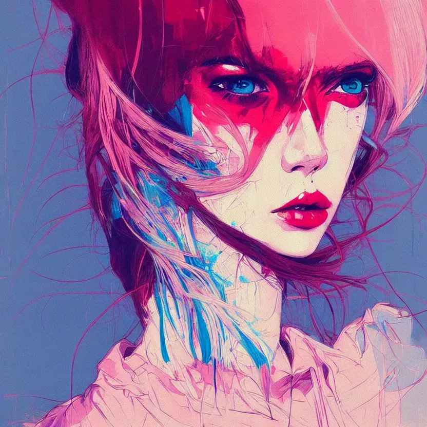 Image similar to close up portrait painting of a female in nineties street styling, concept art, intricate details, aesthetically pleasing pastel colors, art by conrad roset, impressionism, portrait