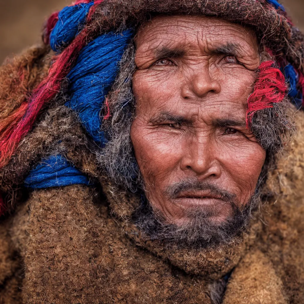 Image similar to close up portrait of a sherpa, photograph, blue and red studio light, sharp, detailed face, gaze, editorial model, photo, annie leibovitz, steve mccurry, david lazar, 1 0 5 mm, f 2. 8, in an oasis, 8 k, detailed