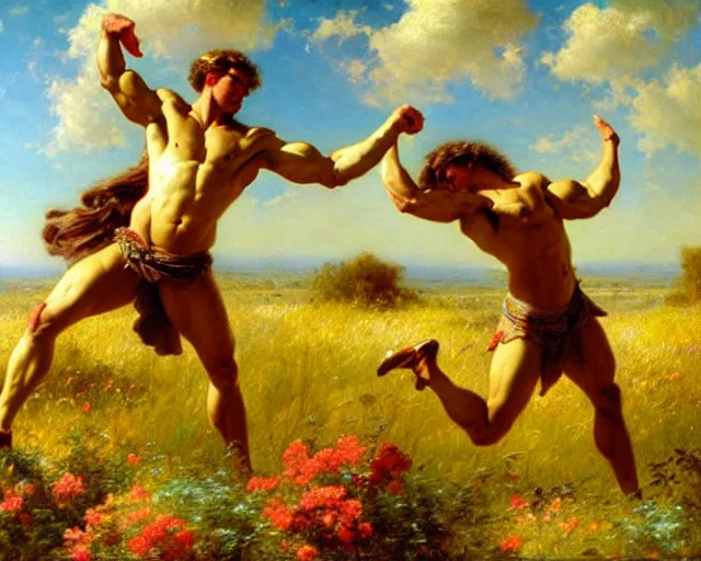 Prompt: muscular hercules and muscular achilles frolic in a meadow of beautiful flowers, a pegasus soars above them, painting by gaston bussiere, craig mullins, j. c. leyendecker,