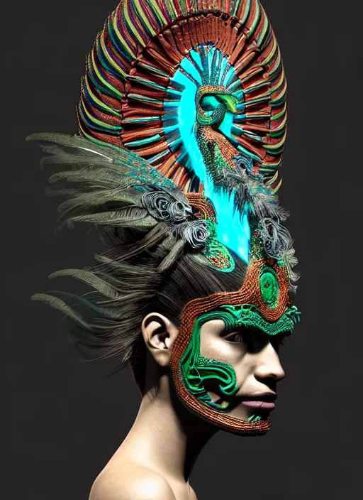 Prompt: 3 d mexican goddess profile portrait. beautiful intricate highly detailed quetzalcoatl mask and feathers. low - key lighting, bioluminescent, plasma, lava, ice, water, wind, creature, artwork by tooth wu and wlop and beeple and lee jeffries, 8 k trending on artstation,