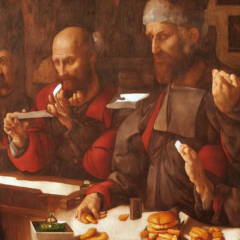 Prompt: Oil painting of a man ordering at McDonald's, renaissance, highly detailed, artstation, unreal engine 5, by Leonardo da Vinci and Michelangelo