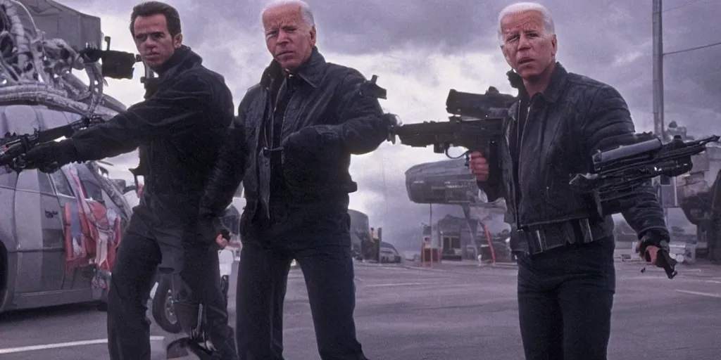 Image similar to joe biden in the terminator executing donald trump, cinematic, establishing shot, extremly high detail, photorealistic, cinematic lighting, style by James Gurney