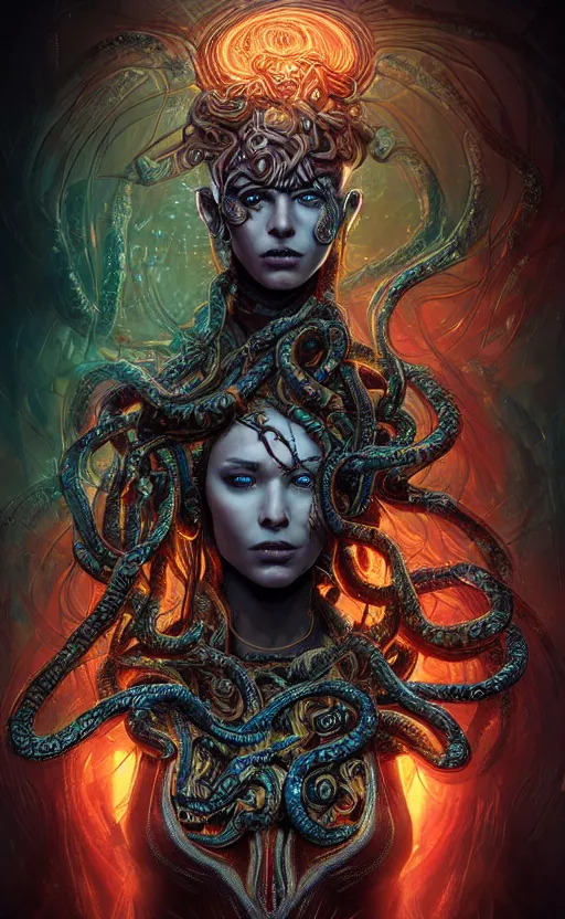 Prompt: highly detailed and intricately made HD mixed media digital artwork piece of an epic fantasy comic book style portrait painting of a very beautiful and intimidating nebulapunk Medusa with symmetrical facial features and lots of large cyberpunk cybernetic bio-luminiscent snakes as hair, awesome pose, centered, full body, vibrant dark mood, unreal 5, hyperrealistic, octane render, cosplay, RPG portrait, Sci-fi, arthouse, dynamic lighting, atmospheric lighting, Aetherpunk, intricate detail, cinematic, HDR digital painting, 8k resolution, enchanting, otherworldly, sense of awe, award winning picture, Hyperdetailed, blurred background, digital airbrush painting, backlight, 3d rim light, Gsociety, trending on ArtstationHQ, maximalist, dreamscape, Rococo, Baroque, surreal dark art, iridiscent accents, Bokeh, cosmic horror, lovecraftian style, very accurately symmetrical portrait, glowing rich colors, 300 DPI, 3d final render, 3d shading, psychedelic highlights, dramatic shadows, anamorphic lens, concept art, smooth illustration, ethereal bubbles, psychedelic overtones, borg