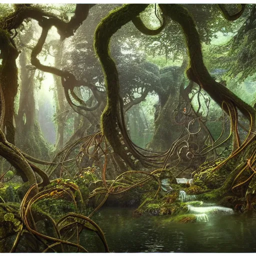 Prompt: a beautiful and highly detailed matte painting of an elven temple in a magical fantasy garden in a lush forest in the mystical mountains, celtic knots, tangled trees, knotted vines, intricate details, epic scale, insanely complex, 8 k, sharp focus, hyperrealism, very realistic, by caspar friedrich, albert bierstadt, james gurney, brian froud,