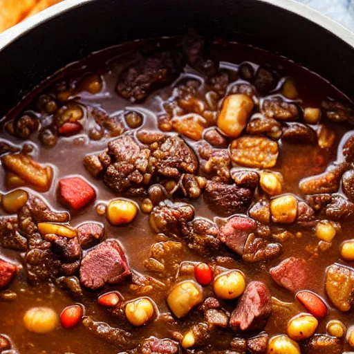Prompt: photo realistic, closeup of a only meat based pot of cholent