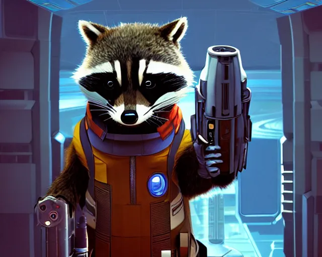 Prompt: detailed illustration of furry rocket the raccoon standing in the hallway of a space ship from guardians of the galaxy, wearing mass effect armor, holding a rocket launcher, soft volumetric lighting, cinematic, craig mullins, disney, pixar, confident action pose, gta v