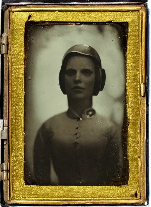 Image similar to wetplate daguerreotype portrait of futuristic astronaut woman, elegant, by louis jacques mande daguerre