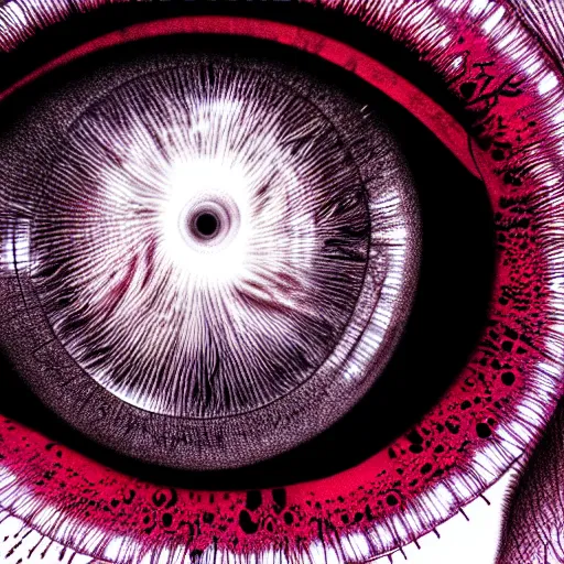 Image similar to a detailed extremely close up of inside the iris, cornea, red image, microscopic, extremely close up drawing by junji ito, cgsociety, generative art, lovecraftian, parallax, cosmic horror, extremely detailed, hyperrealism, unreal engine, octane render, award winning, masterpiece, highly detailed, realistic, 4 k, digital