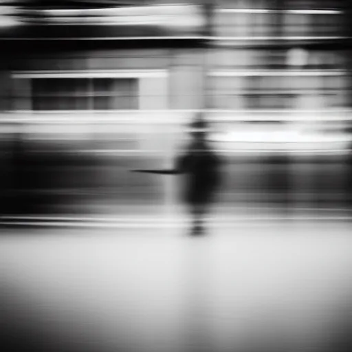 Image similar to an abstract photograph of a lonely male shadowy figure, he is dancing, there is a dark street, it is flooded with water, long exposure, motion blur, 35mm, black-and-white