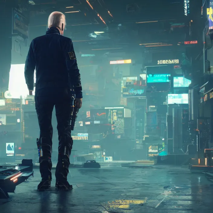 Image similar to Joe Biden in Cyberpunk 2077, Gameplay Screenshot, detailed