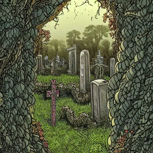 Prompt: precisely drawn illustration of ancient cemetery overgrown with blackberry vines and white orchids, wide angle, sharp, fine details, French comic style, vibrant realistic colors, full color, heroic fantasy, intense line art, 8k, precise linework, realistic, in the style of Richard Corben and Moebius