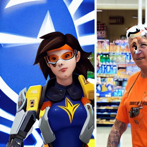 Image similar to Tracer from overwatch and joe biden in a walmart