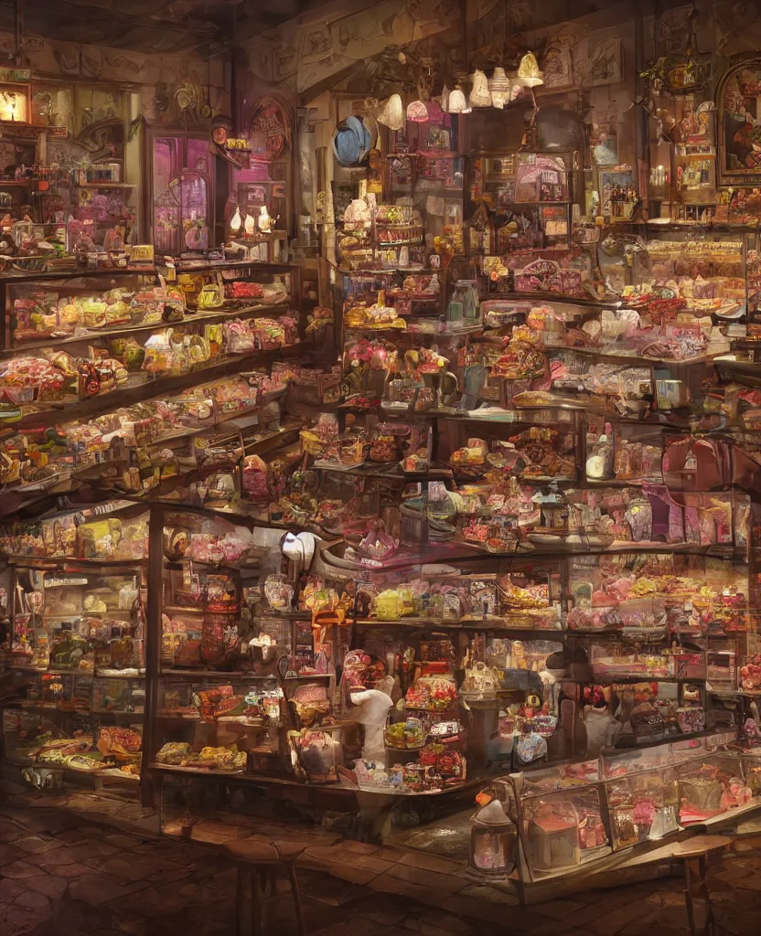 Image similar to Inside an old fashioned sweet shop, fantasy vendor interior, wide angle, cinematic shot, highly detailed, cinematic lighting , photorealistic, trending on cgsociety and unreal engine